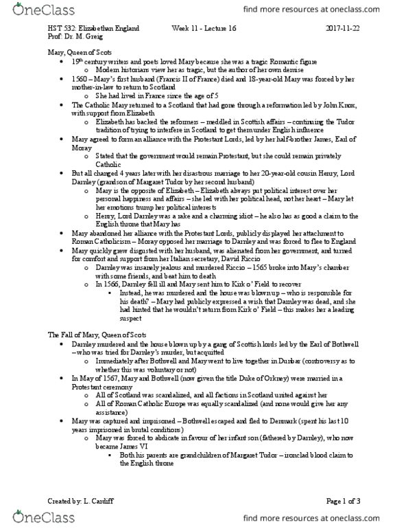 HST 532 Lecture Notes - Lecture 16: Margaret Tudor, David Rizzio, Elizabethan Era thumbnail