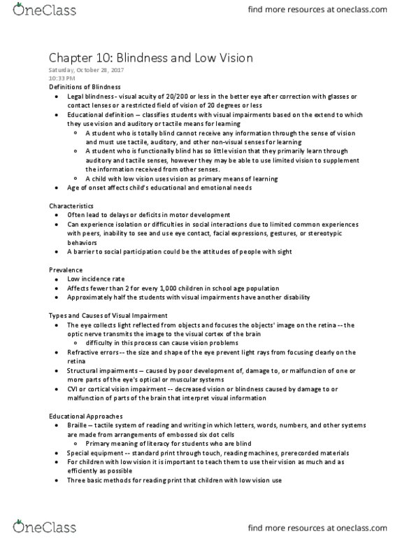 EDUC230 Chapter Notes - Chapter 10: Visual Cortex, Functional Skills Qualification, Refractive Error thumbnail