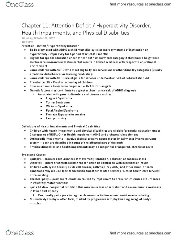 EDUC230 Chapter Notes - Chapter 11: Fragile X Syndrome, Impulsivity, Cerebral Palsy thumbnail