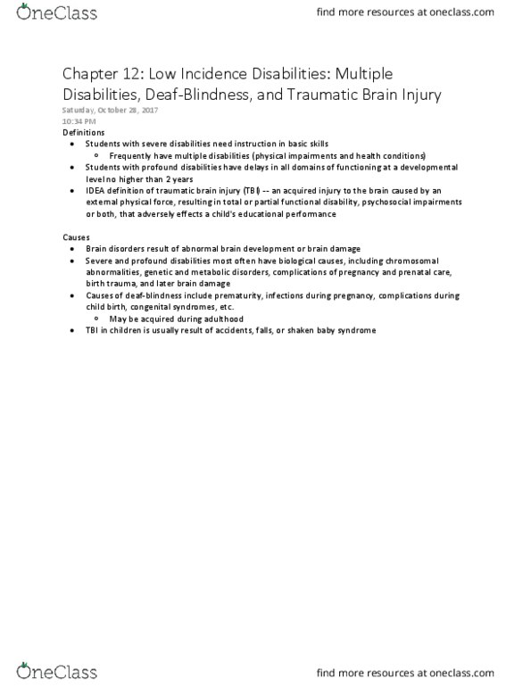 EDUC230 Chapter Notes - Chapter 12: Deafblindness, Prenatal Care, Traumatic Brain Injury thumbnail