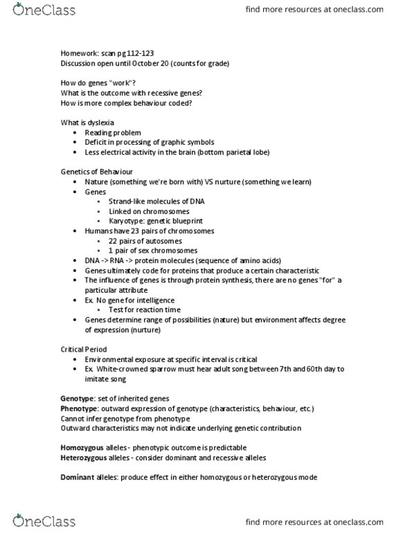 Psychology 1000 Lecture Notes - Lecture 9: Phenotype, Sickle-Cell Disease, Dyslexia thumbnail