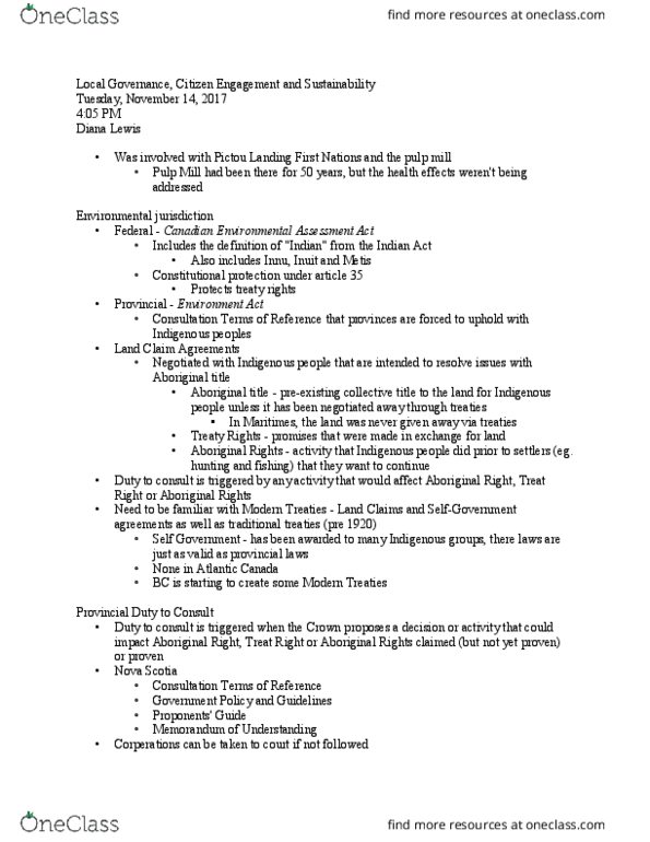 SUST 2000 Lecture Notes - Lecture 19: High Standard Manufacturing Company, Canadian Environmental Assessment Act, Fiduciary thumbnail