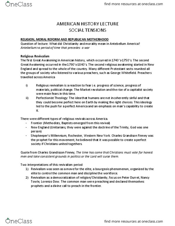 HISTORY 2R03 Lecture Notes - Lecture 16: Lorenzo Dow, Republican Motherhood, George Whitefield thumbnail
