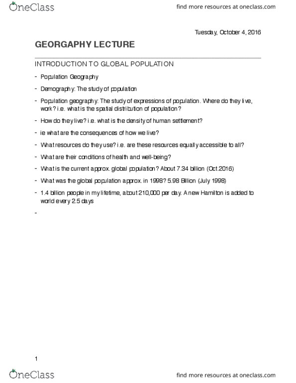 GEOG 1HB3 Lecture Notes - Lecture 9: Population Geography thumbnail