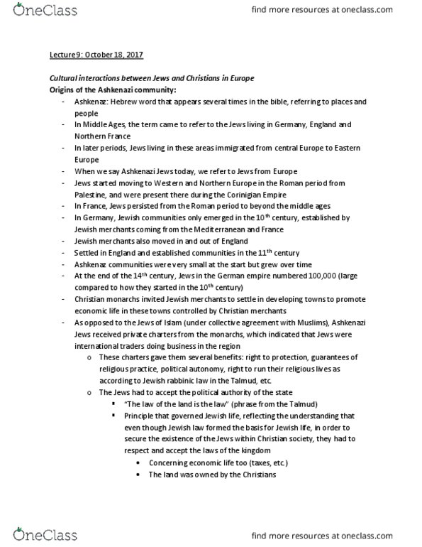 HIS208Y1 Lecture Notes - Lecture 9: Talmud, Christian Culture, Middle Ages thumbnail