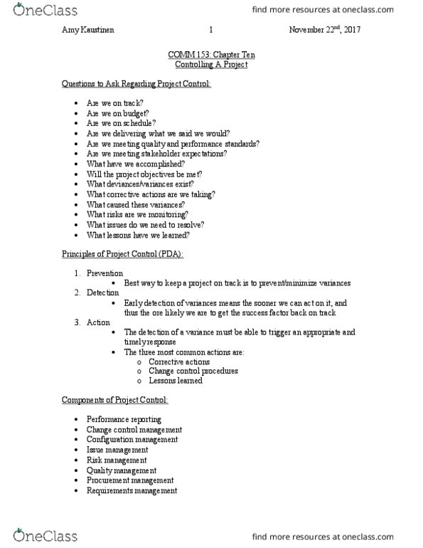 COMM 153 Chapter Notes - Chapter 10: Change Control, Kaustinen, Requirements Management thumbnail