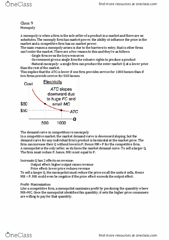ECN 104 Lecture Notes - Lecture 9: Demand Curve, Natural Monopoly, Market Power thumbnail