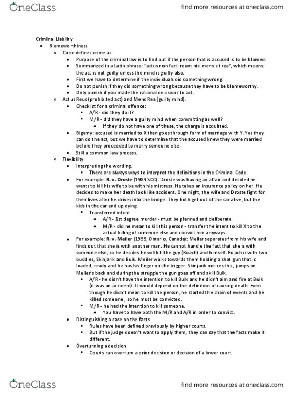 CRM 2300 Lecture Notes - Lecture 7: Actus Reus, Transferred Intent thumbnail