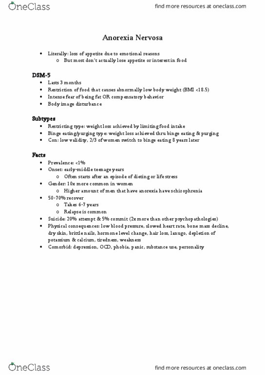 PSYC 300 Chapter Notes - Chapter 11: Bradycardia, Binge Eating, Eating Disorder thumbnail