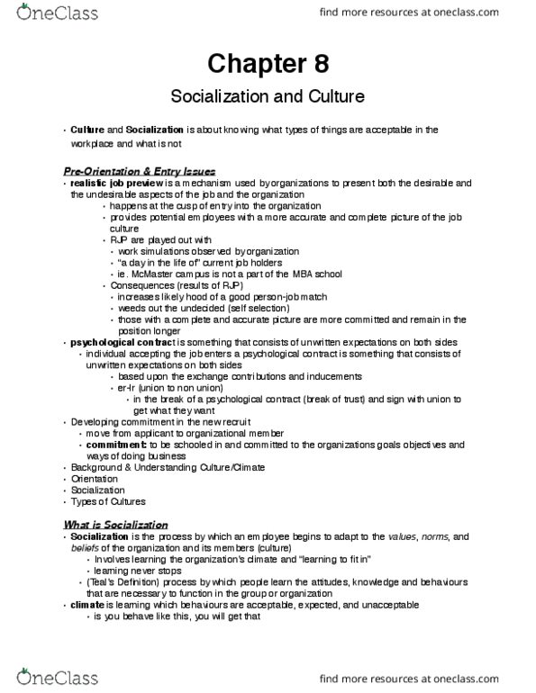 COMMERCE 1BA3 Chapter Notes - Chapter 8: Job Satisfaction, Organizational Culture, Role Conflict thumbnail