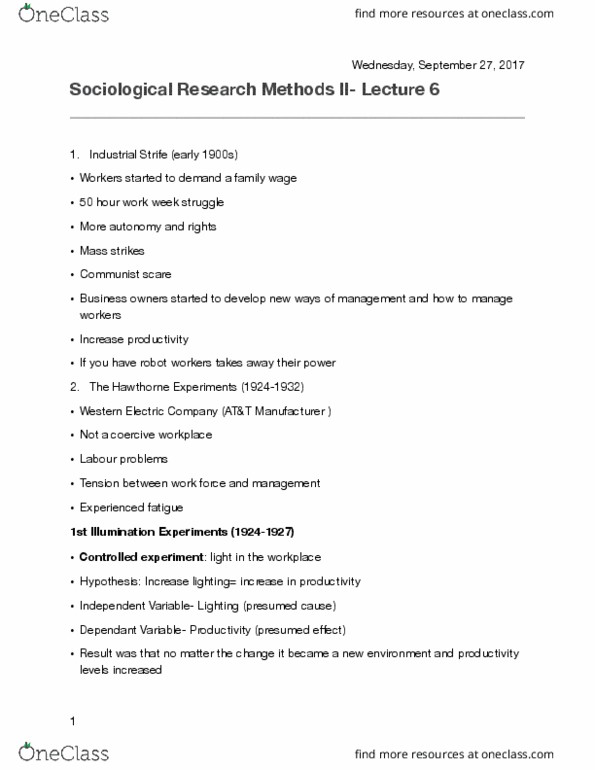 SY101 Lecture Notes - Lecture 6: Western Electric, Hawthorne Effect, Social Distance thumbnail