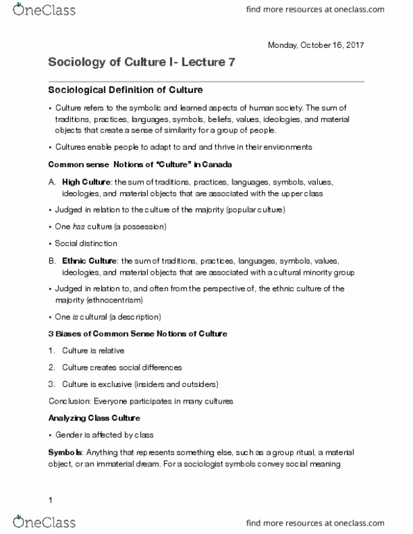 SY101 Lecture Notes - Lecture 7: Ethnocentrism, William Graham Sumner thumbnail