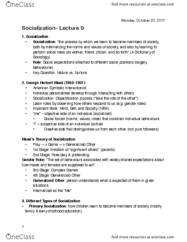 SY101 Lecture Notes - Lecture 9: George Herbert Mead, Social Forces, Deinstitutionalisation thumbnail