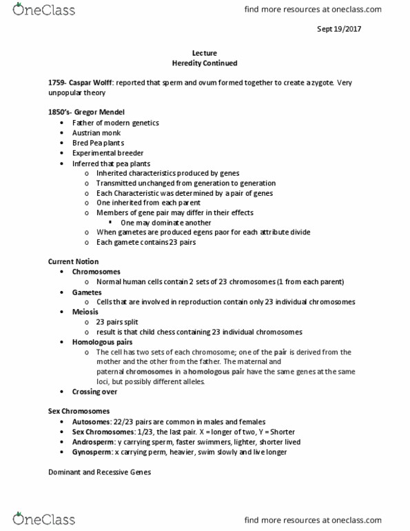 PSY 2105 Lecture Notes - Lecture 4: Gregor Mendel, Gamete, Egg Cell thumbnail