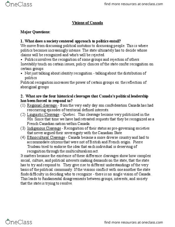 Political Science 2230E Lecture Notes - Lecture 1: Canadian Nationalism, Central Canada, Official Multilingualism thumbnail