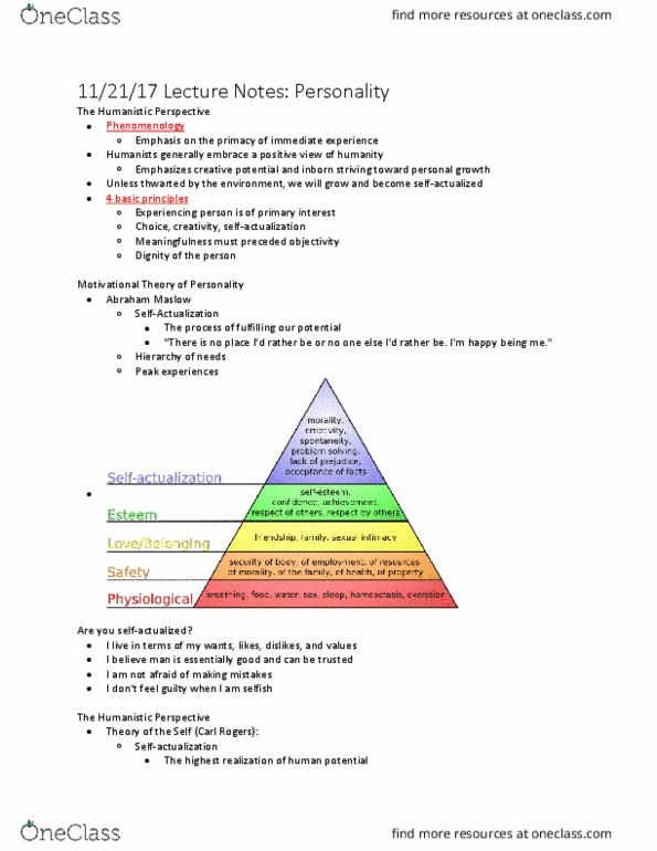 PSYCH 101 Lecture Notes - Lecture 37: Abraham Maslow, Peak Experience, Unconditional Positive Regard thumbnail