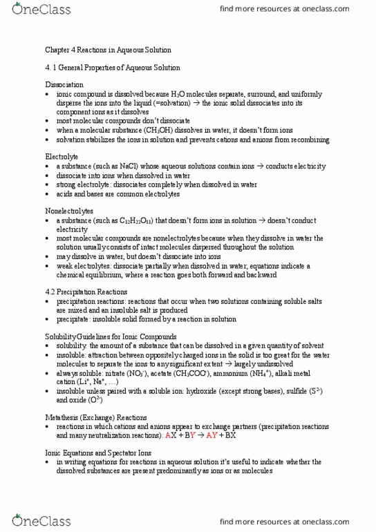 CHEM 101 Chapter Notes - Chapter 4: Ionic Compound, Chemical Equation, Solution thumbnail