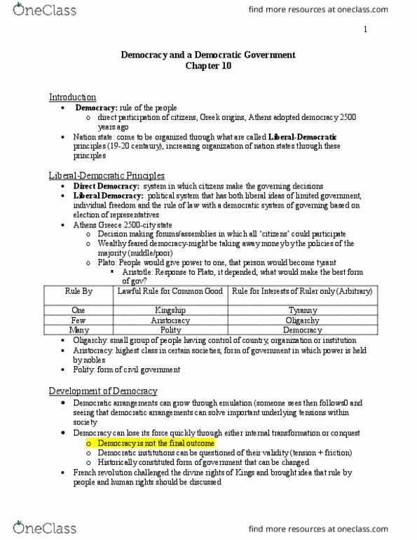 POLS 1000 Lecture Notes - Lecture 3: Liberal Democracy, Direct Democracy, Oligarchy thumbnail