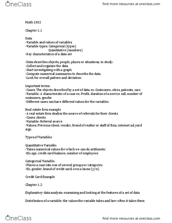 MATH 1532 Lecture Notes - Lecture 1: Interquartile Range, Categorical Variable, Standard Deviation thumbnail