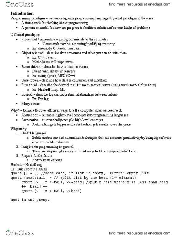 CISC 260 Lecture Notes - Lecture 1: Swing (Java), Programming Paradigm, Quicksort thumbnail