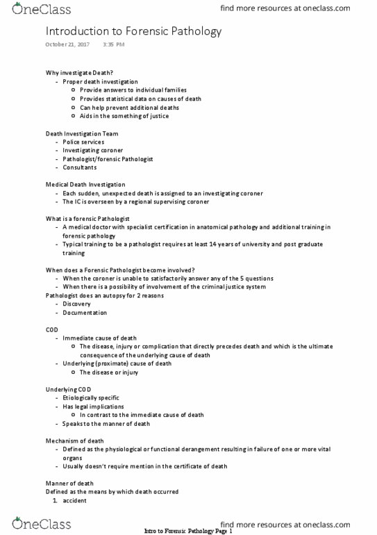 FSC239Y5 Lecture Notes - Lecture 9: Forensic Pathology, Coroner, Death By Natural Causes thumbnail