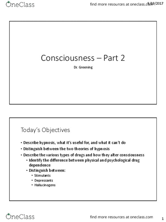 PSYC 2000 Lecture Notes - Lecture 10: Hypnosis, Ernest Hilgard, Hallucinogen thumbnail