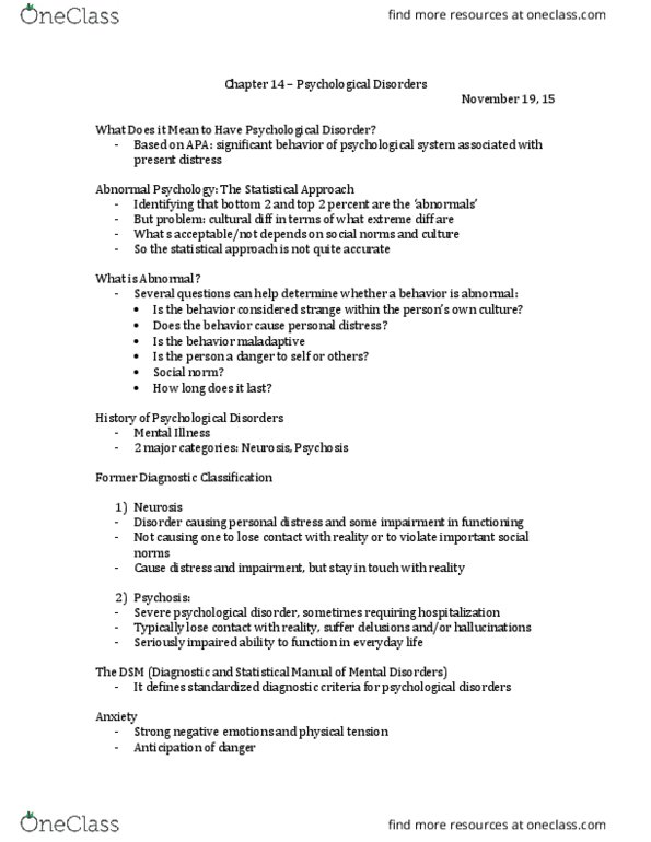 PS101 Lecture Notes - Lecture 6: Obsessive–Compulsive Disorder, Generalized Anxiety Disorder, Panic Disorder thumbnail