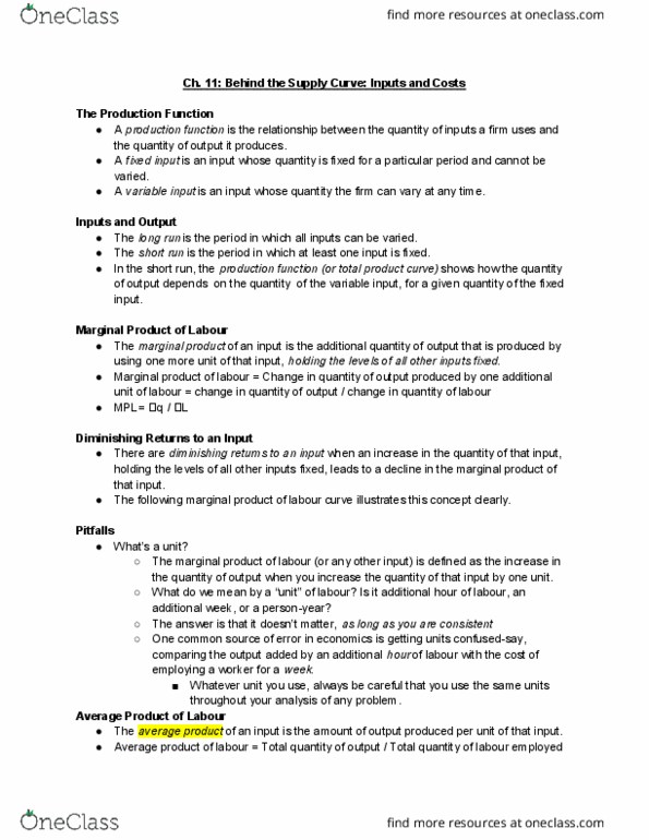 ECN 104 Lecture Notes - Lecture 11: Average Cost, Average Variable Cost, Marginal Product thumbnail