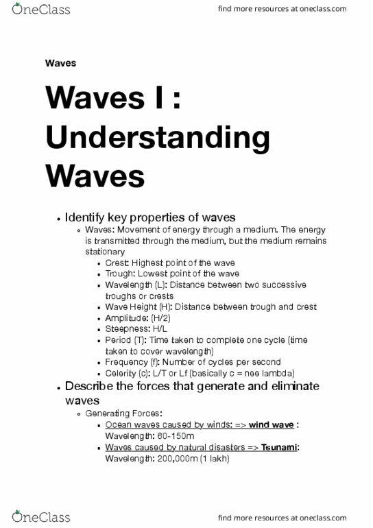 EOSC 114 Lecture Notes - Lecture 6: Wind Wave, Wave Height, Wind Speed thumbnail