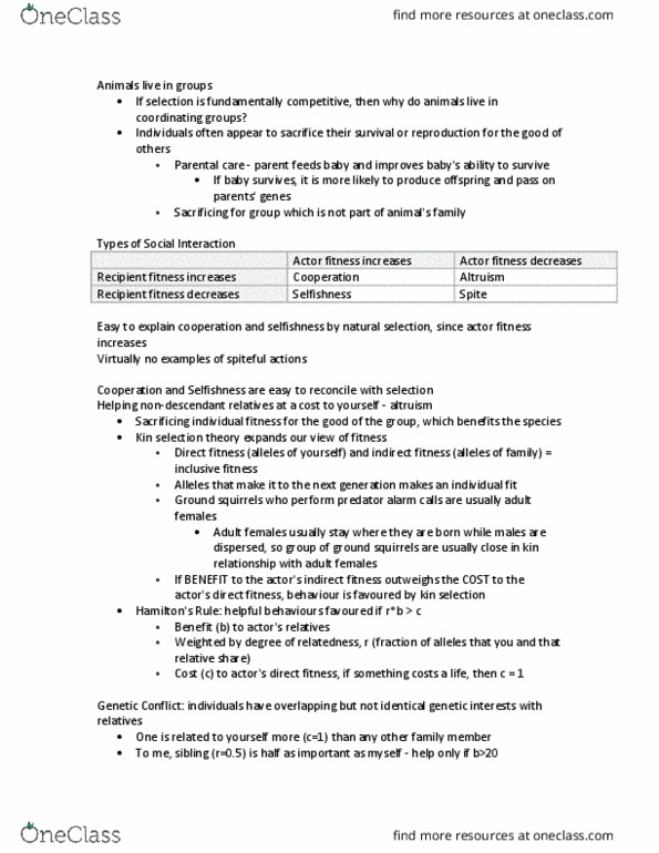 Biology 1001A Lecture Notes - Lecture 16: Inclusive Fitness, Selfishness, European Cooperation In Science And Technology thumbnail