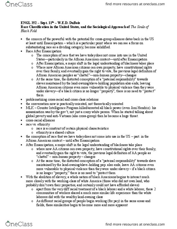 ENGL 352 Lecture Notes - Lecture 1: Class Discrimination, The Talented Tenth, W. E. B. Du Bois thumbnail