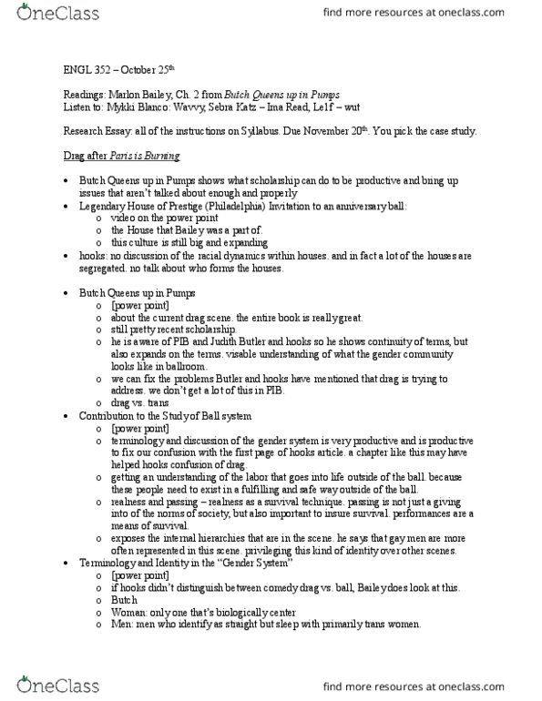 ENGL 352 Lecture Notes - Lecture 1: Mykki Blanco, Judith Butler, Le1F thumbnail