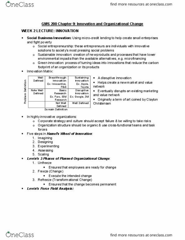 GMS 200 Chapter Notes - Chapter 9: Force-Field Analysis, Disruptive Innovation, Microfinance thumbnail