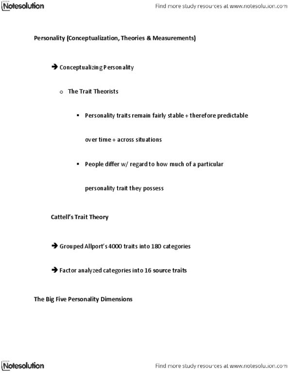 PSYC 1215 Lecture Notes - Extraversion And Introversion, Conscientiousness, Neuroticism thumbnail