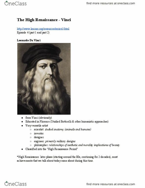 ART H102 Lecture Notes - Lecture 8: Sandro Botticelli, Vitruvian Man, Sfumato thumbnail