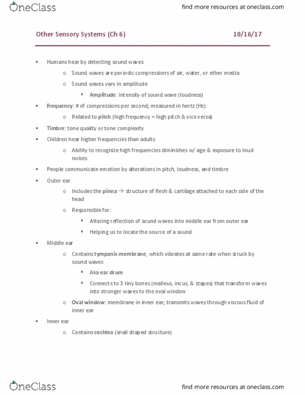 NROSCI 0080 Lecture Notes - Lecture 6: Oval Window, Inner Ear, Outer Ear thumbnail