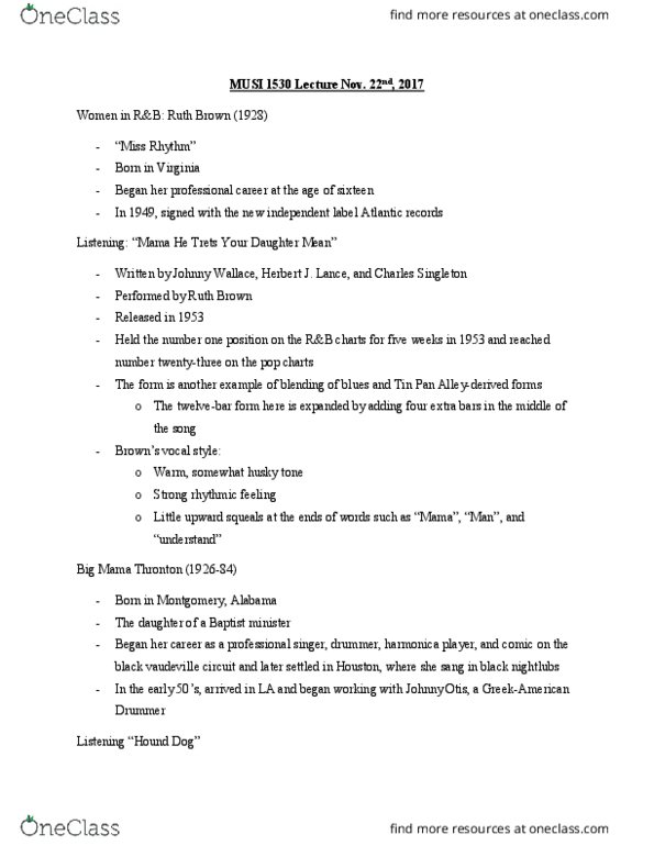 MUSI 1530 Lecture Notes - Lecture 10: Big Mama Thornton, Johnny Otis, Trets thumbnail