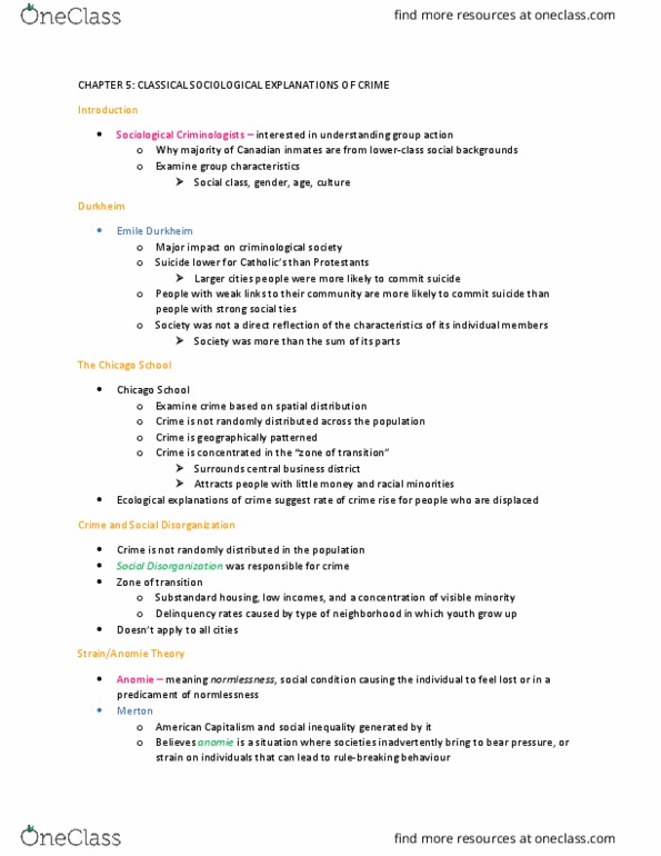 SOC 1500 Chapter Notes - Chapter 5: Social Disorganization Theory, Anomie, Control Theory thumbnail