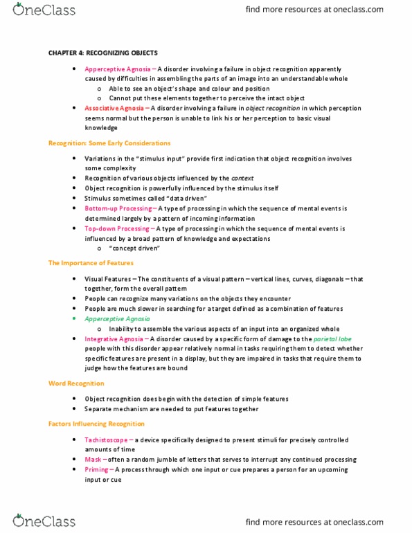 PSYC 2650 Chapter Notes - Chapter 4: Word Superiority Effect, Agnosia, Parietal Lobe thumbnail