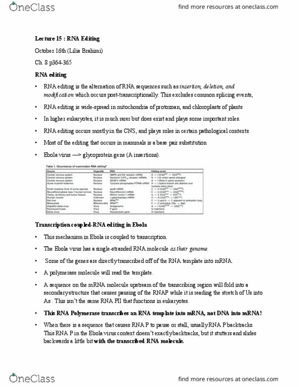 BIOL 300 Lecture Notes - Lecture 15: Cytidine Deaminase, Adenosine Deaminase, Rna Editing thumbnail