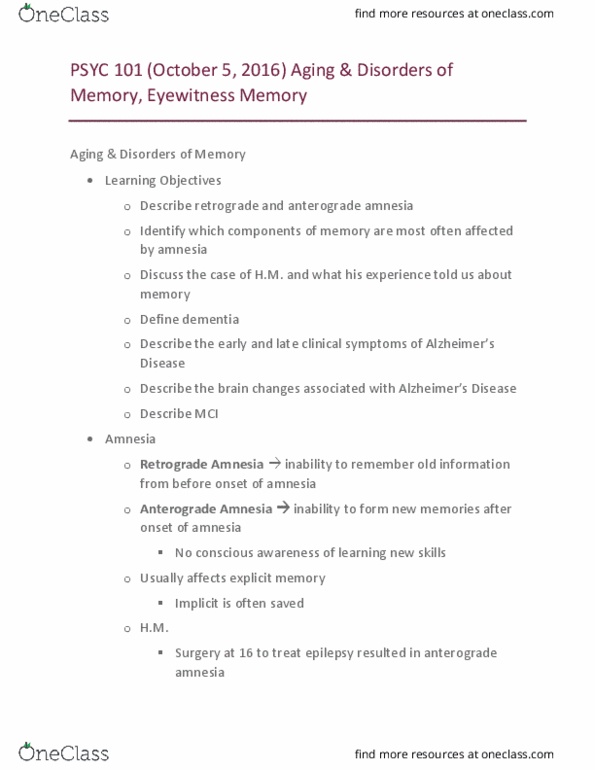 PSYC 101 Lecture Notes - Lecture 8: Anterograde Amnesia, Eyewitness Memory, Explicit Memory thumbnail