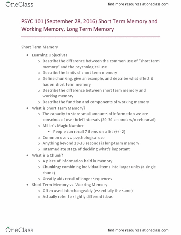 PSYC 101 Lecture Notes - Lecture 5: Long-Term Memory thumbnail