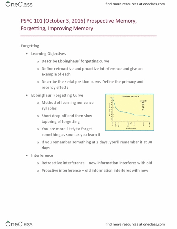 PSYC 101 Lecture Notes - Lecture 7: Prospective Memory, Interference Theory, Forgetting Curve thumbnail