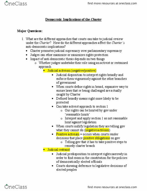 Political Science 3332F/G Lecture Notes - Lecture 2: Parliamentary Sovereignty, Judicial Restraint, Judicial Activism thumbnail