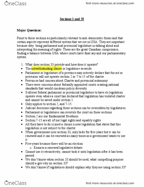 Political Science 3332F/G Lecture Notes - Lecture 6: Veto, Charter Of The French Language, Equal Protection Clause thumbnail