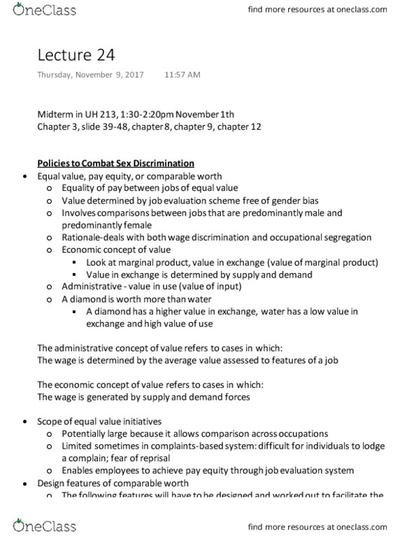 ECON 2A03 Lecture Notes - Lecture 24: Equal Pay For Equal Work, Occupational Segregation, Job Evaluation thumbnail