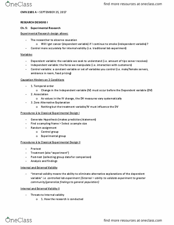 CMN 2101 Lecture Notes - Lecture 2: Internal Validity, Sampling Frame, Control Variable thumbnail