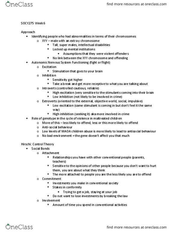 SOCY 275 Lecture Notes - Lecture 6: Social Control Theory, Anti-Social Behaviour, Autonomic Nervous System thumbnail