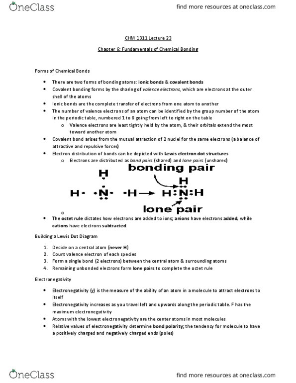 CHM 1311 Lecture Notes - Lecture 23: Molecular Geometry, Valence Electron, Covalent Bond thumbnail