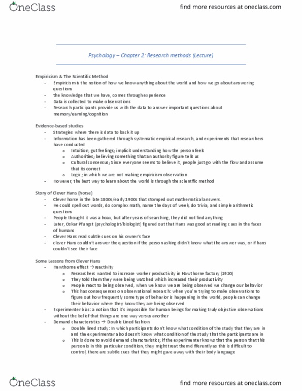 PSY100H1 Lecture Notes - Lecture 2: Demand Characteristics, Participant Observation, Scientific Method thumbnail